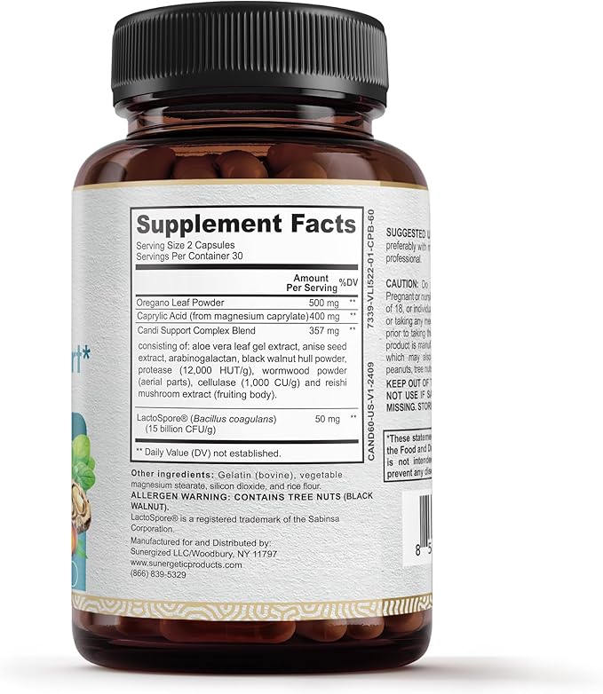 Premium Candida Cleanse Supplement – Candida Support Supplement with Oregano, Caprylic Acid, Black Walnut & Probiotics – Supports Gut Health, Digestion & Intestinal Flora - 60 Candi Support Capsules