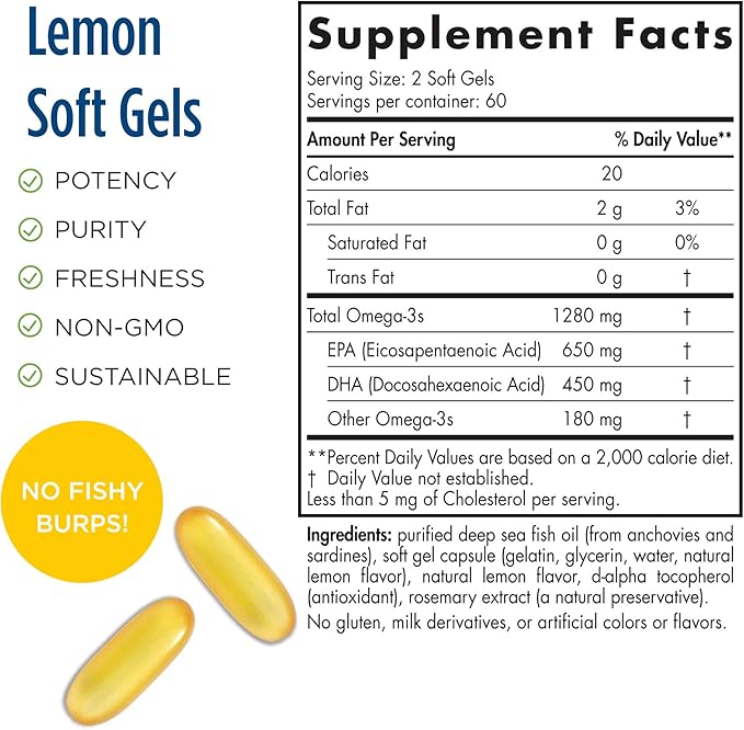 Nordic Naturals ProOmega, Lemon Flavor - 120 Soft Gels - 1280 mg Omega-3 - High Potency Fish Oil with EPA & DHA - Promotes Brain, Eye, Heart, & Immune Health - Non-GMO - 60 Servings
