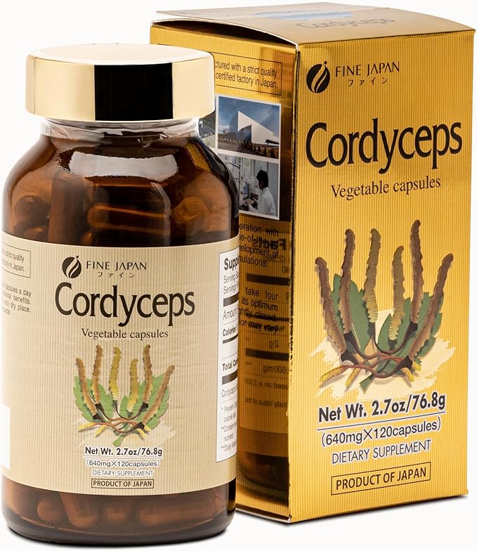 FINE JAPAN Cordyceps Mushroom Capsules - Premium Cordyceps Militaris and Sinensis Extract for Optimal Health Benefits, 100% Authentic Cordyceps in Easy-to-Swallow Capsules