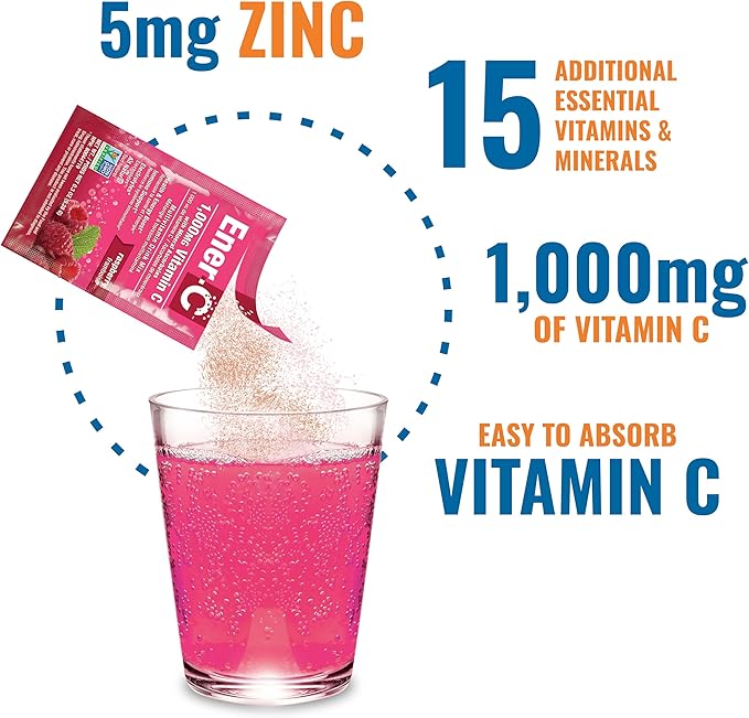 Ener-C Multivitamin Drink Mix - Vitamin Packets for Water, Electrolytes Powder Packets, Vitamin Drink Mix, Hydration Liquid Mix, Immune Booster for Adults, Healthy Energy - Raspberry, 60 Count