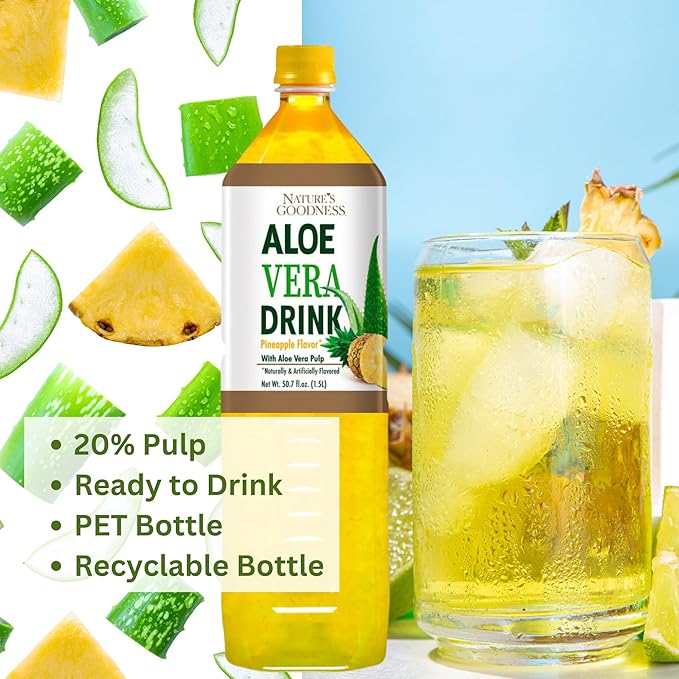 Nature's Goodness Aloe Vera Drink with Pulp Pineapple Flavor - 50.7 Fl Oz (1.5 L) - Refreshing Beverage with Real Aloe Vera Juice