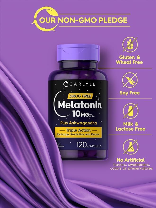 Carlyle Melatonin 10mg | 120 Capsules | with Ashwagandha | Triple Strength Formula | Non-GMO, Gluten Free Supplement