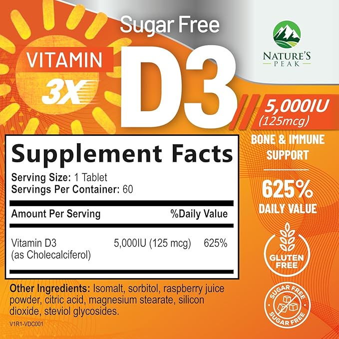 Vitamin D3 5000iu (125 mcg) Immune Health Support - High Potency Vitamin D Dietary Supplement for Bone, Teeth, Muscle - Nature's VIT D, Vegan, Gluten Free, Raspberry Flavor - 60 Chewable Tablets