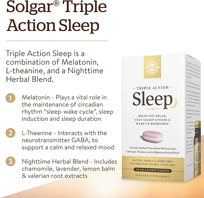 Solgar Triple Action Sleep, 90 Tri-Layer Tablets - Time-Release Melatonin & L-Theanine Plus Herbal Blend - Helps You Relax - Non-GMO, Gluten Free - 90 Servings
