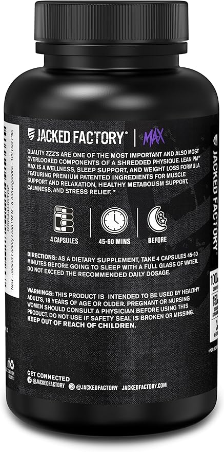 Jacked Factory Lean PM Max - High-Performance Weight Loss, Sleep Support, Fat Burner, & Appetite Suppressant for Men and Women w/Melatonin, Magnesium, Carnipure, & Ashwagandha - 120 Diet Pills