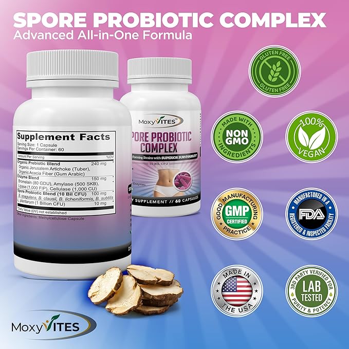 Spore Probiotic Complex - All In One Prebiotics and Probiotics for Digestive Health, Postbiotic, Digestive Enzymes Daily Supplement - Spore Based Probiotic for Women & Men