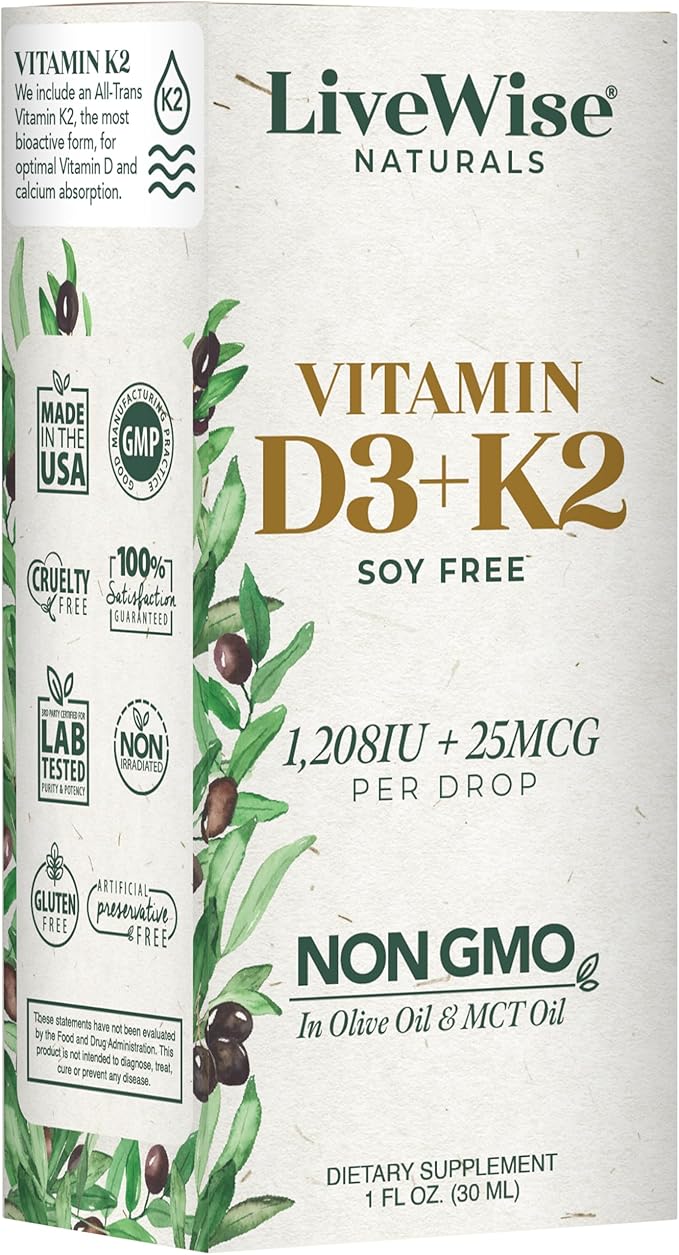 Vitamin D3 with K2 Liquid Drops, All Natural, Non-GMO, 1208iu D3 and 25mcg K2 (mk7) per Serving, Support Your Bones, Immune System and Energy Levels, with or Without Peppermint Oil