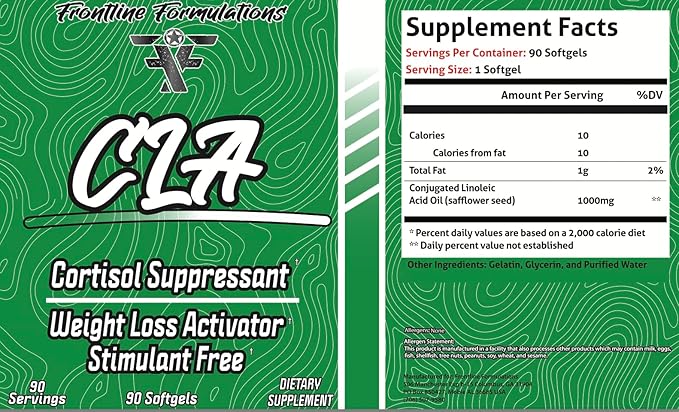 Frontline Fomulations CLA, Cortisol Suppressant, Stimulant Free, Enhances Energy and Metabolism, Increased Energy and Endurance, Train Harder, Recover Faster, Veteran Owned and Operated (90 Servings)