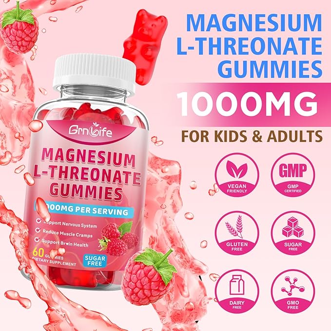 Magnesium L-Threonate Gummies 1000MG, Magnesium Threonate Supplement for Kids & Adults, Muscle & Nervous System Support, Sugar-Free, Raspberry Flavor, 60 Count