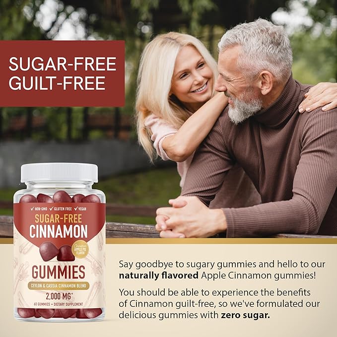 Sugar-Free Cinnamon Gummies 2000MG with Ceylon Cinnamon & Cassia Complex | Sugar-Free Lifestyle Supplement & Guilt-Free Apple Pie Flavor with Chromium | Vegan, Non-GMO, Gluten-Free | 60 Gummies