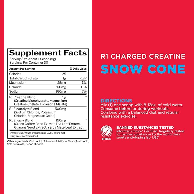 Rule 1 Charged Creatine - Multi-Function Workout Supplement with Creatine, Electrolyte, and Energy Blends for Intensity, Performance, & Hydration Support (30 Servings, Snow Cone)