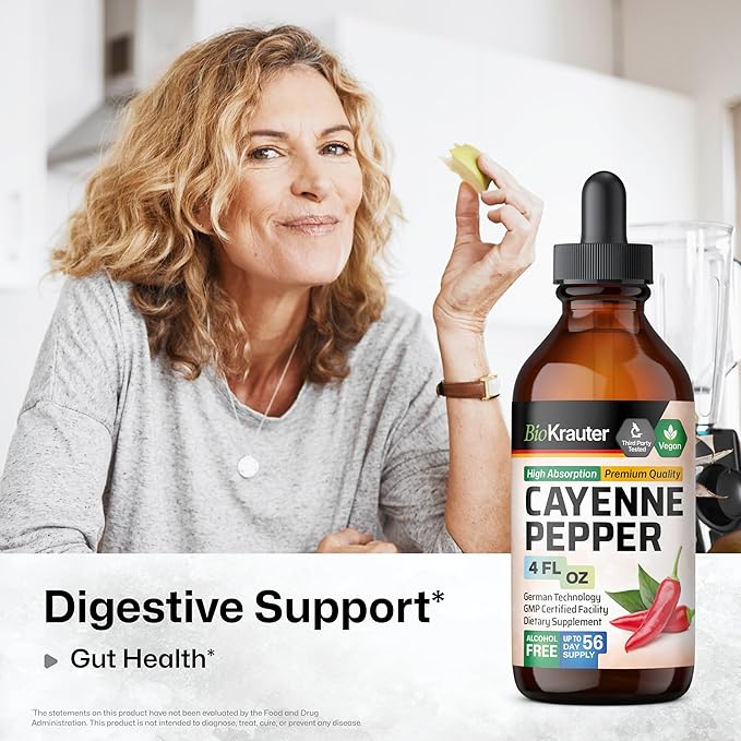 BIO KRAUTER Cayenne Pepper Extract Liquid - Pure Capsaicin Extract - Liquid Cayenne Pepper Drops for Digestive Support - Sugar & Alcohol Free 4 Fl.Oz.