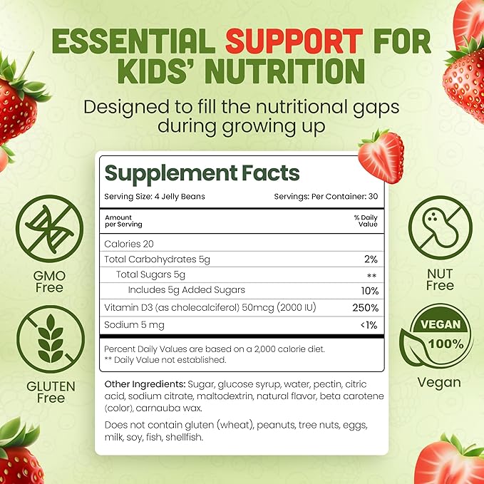 Vitamin D3 Jelly Beans - Chewable Vitamins Gummies for Kids Immune Support - Multivitamin Supplements for Bone & Joint Support - 2,000 IU Vegetarian Gummy - 120 Strawberry Flavor Beans