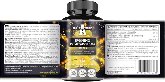 APOLLO'S HEGEMONY Evening Primrose Oil 1000 mg with Vitamin E - Contains 100 mg of GLA Acid - 120 Softgel Capsules - 4 Months Supply - Diet Supplement to Support Hormonal Balance and Skin Health