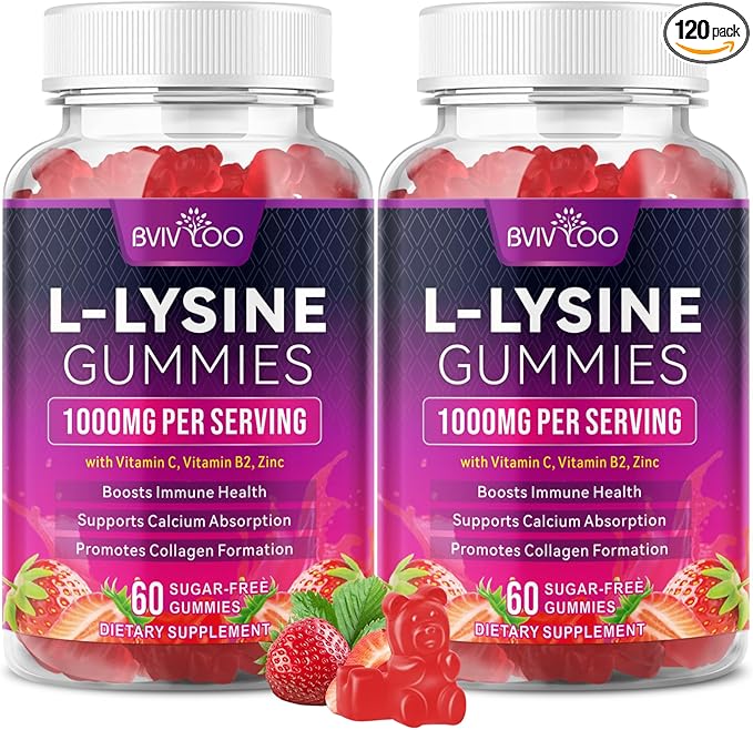 2 Pack L-Lysine 1000mg Gummies for Immune Support & Skin Health - High Potency Vegan Gummies, Sugar-Free, Natural Berry Flavor, Gluten-Free Chewable Supplement for Adults & Kids - 120 Gummiess
