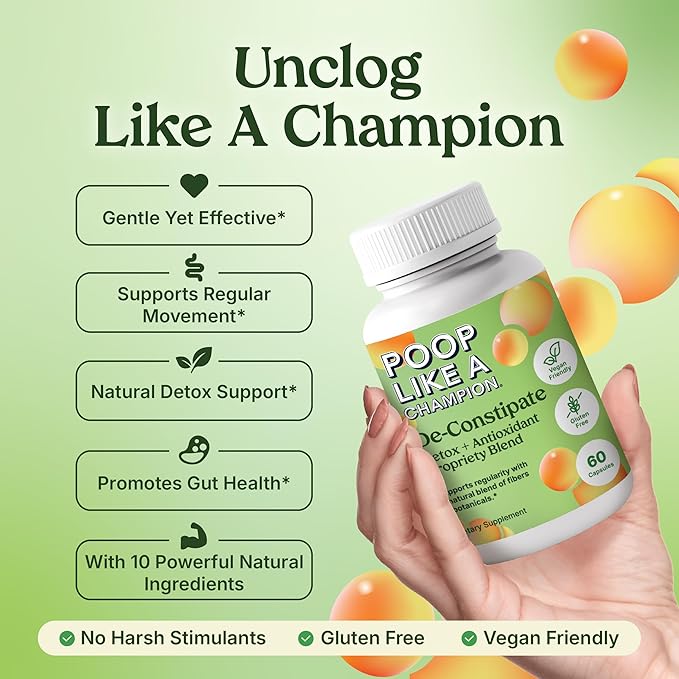 Poop Like a Champion Constipation Relief Capsules - Acai, Psyllium Husk, Ginger Root, Chlorella, Prebiotic Blend, 60 Capsules, Supports Bowel Movement, Promotes Gut Health Supplement