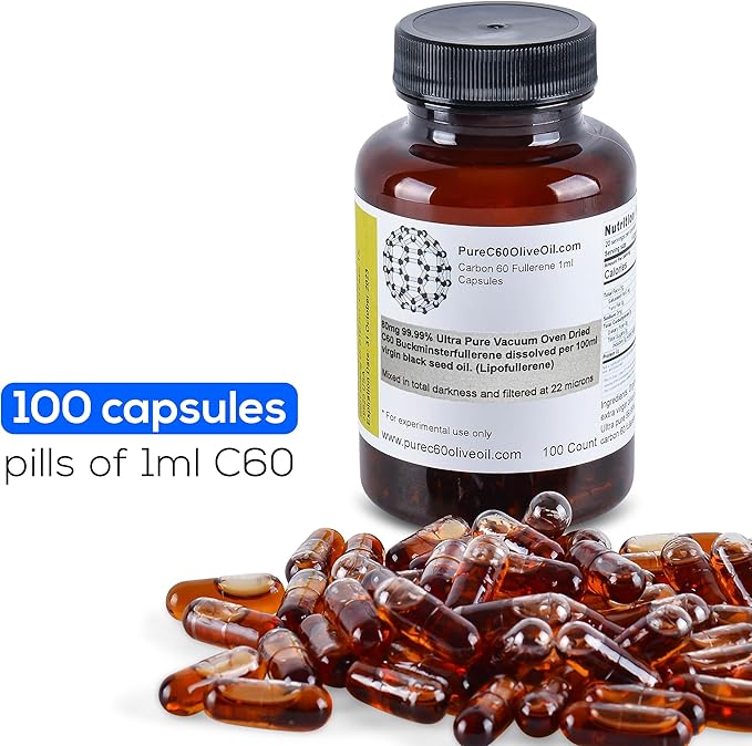 C60 Organic Black Seed Oil Capsules Capsules Pills 100ml / 3.4 Fl Oz - 99.99% Carbon 60 Solvent Free 80mg - Food Grade - Carbon 60 Black Seed Oil - From The Leading Global Producer