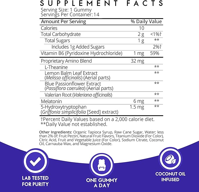 Sugarbear Sleep Gummy 14 Day Supply, Extra Strength Melatonin 6mg, for Men & Women, Vegan Vitamin B6, L-Theanine, 5 HTP, Valerian, Sleep Aid for Adults & Teens, Certified Kosher, Halal, Cruelty-Free