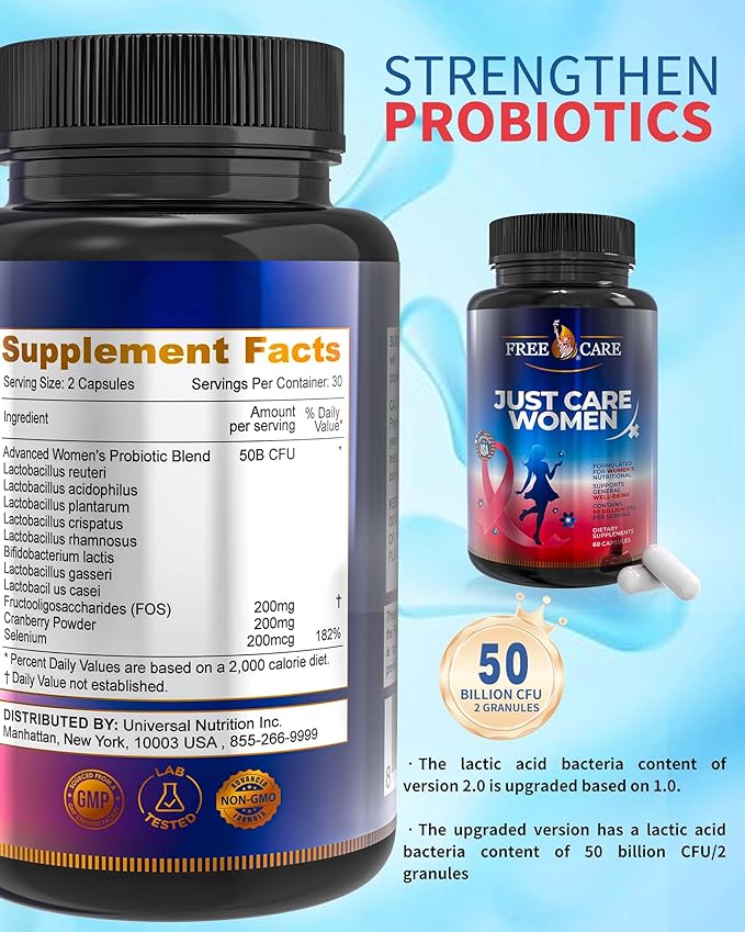 Probiotics for Women 50 Billion CFU 8 Strains, for Women’s Daily Digestive & Feminine Health, with Cranberry Extract, Acidophilus, Organic Prebiotics & Selenium, Gluten & Dairy Free, 60Capsules