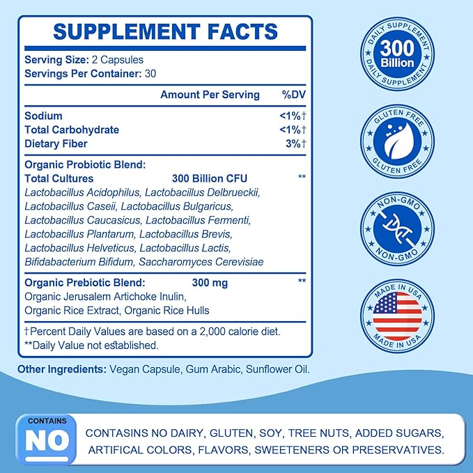 Probiotic 300 Billion CFU - 12 Strains with Organic Prebiotics for Digestive & Gut, Immune, Bloating Health - Probiotics for Women and Men - Daily Dairy Free, Shelf Stable - 60 Counts