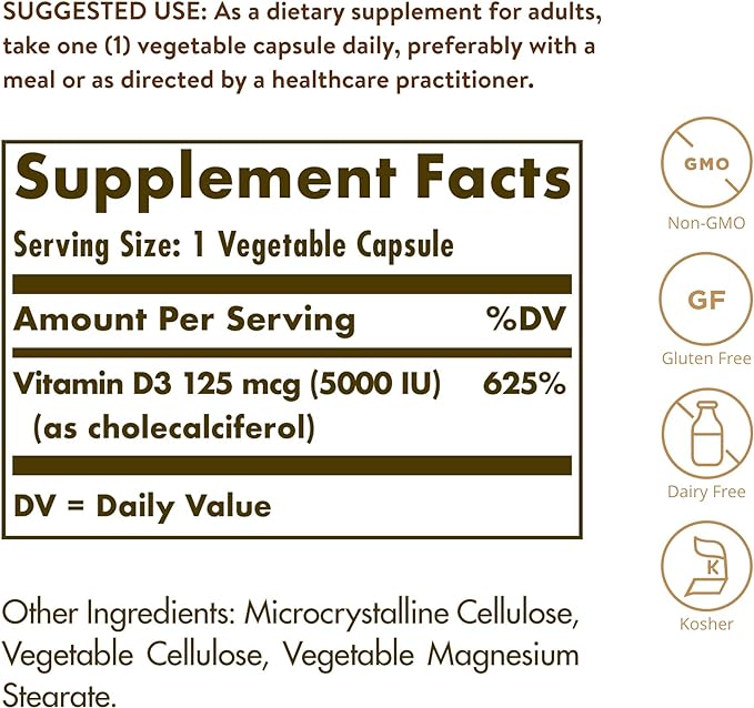 Solgar Vitamin D3 (Cholecalciferol) 125 Mcg (5000 IU), 120 Vegetable Capsules - Helps Maintain Healthy Bones & Teeth - Immune System Support - Non-GMO, Gluten Free, Dairy Free, Kosher - 120 Servings