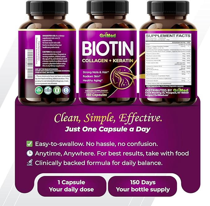 GriMed BIOTIN with Collagen + Keratin 7,275mg Strong Nails & Hair, Radiant Skin, Healthy Aging- USA Made & Tested (150 Count (Pack of 1))