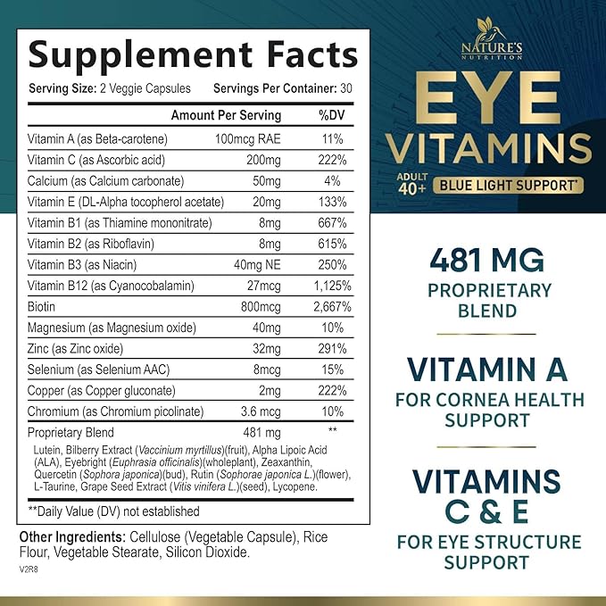 Eye Vitamins & Mineral Supplement - Contains Lutein, Zinc, Vitamins C, E & Zeaxanthin - Supports Eye Strain, Vision Macular Health & Dry Eyes for Seniors with Lycopene, Gluten Free - 60 Capsules