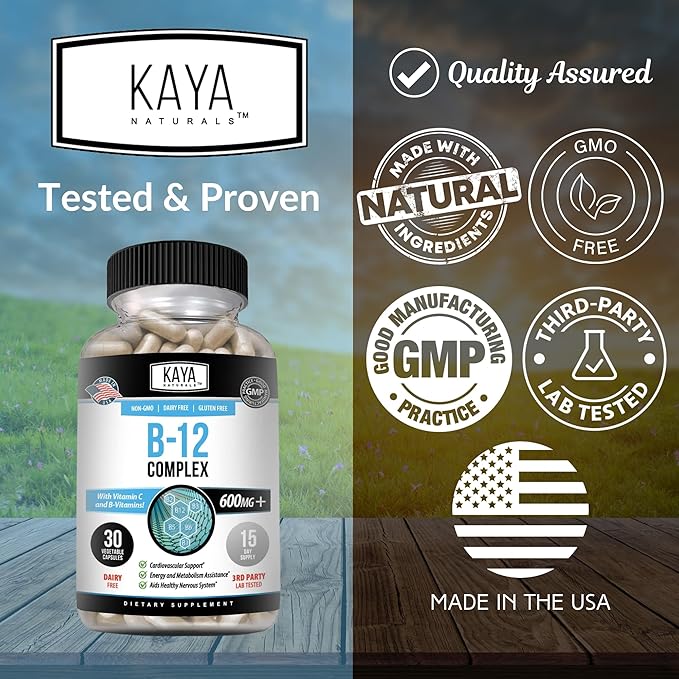 Kaya Naturals B-12 Complex | Multivitamin Supplement for Women & Men Energy and Metabolism Booster | B-Complex Vitamin with Biotin, Choline, Inositol, Folate, and Vitamin C - 30 Capsules