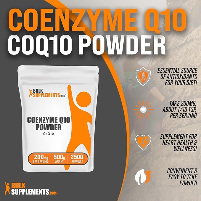 BulkSupplements.com Coenzyme Q10 Powder - CoQ10 Powder, CoQ10 200mg, CoQ10 Supplement - Heart Health Supplements, Gluten Free, 200mg per Serving, 500g (1.1 lbs) (Pack of 1)