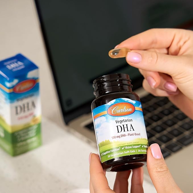 Carlson - Vegetarian DHA, 500 mg DHA, Plant Based, Sustainably Sourced from Algae, Brain Support, Mood Health, 30 Softgels