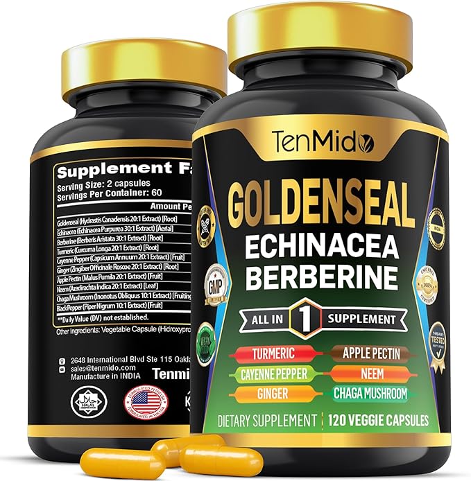 Goldenseal Root Supplement - 10in1 Formula - Combine with Echinacea, Berberine, Turmeric, Cayenne Pepper, Ginger, Apple Pectin, Neem, & More - Digestive Health Support - 120 Capsules