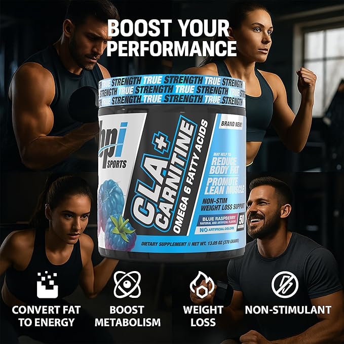 BPI Sports CLA + Carnitine – Conjugated Linoleic Acid – Weight Loss Formula – Metabolism, Performance, Lean Muscle – Caffeine Free – for Men & Women – Blue Raspberry – 50 Servings – 12.34 oz.