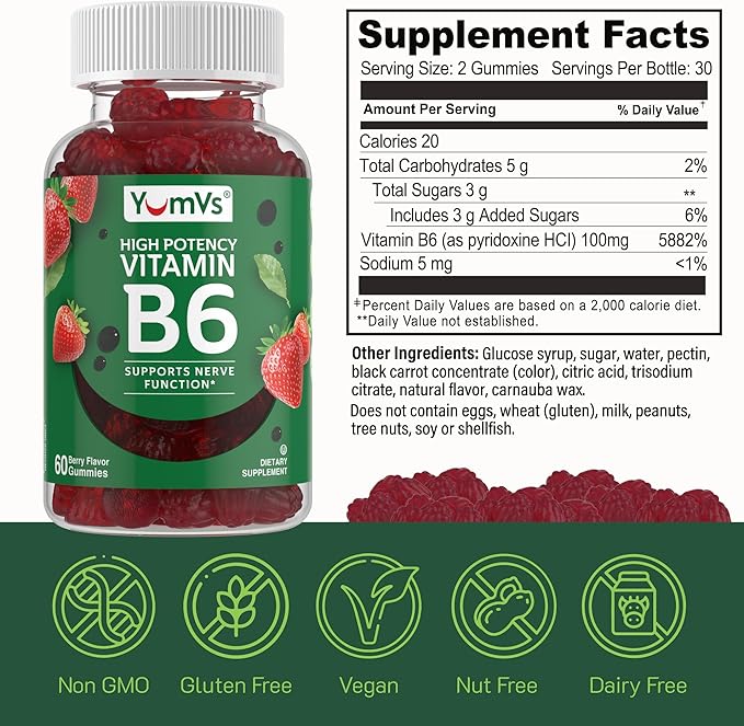 YUM-V'S Vitamin B6 Gummies - High Potency Vitamin B6 100mg - Strawberry Flavor B6 Vitamins Gummies - Nerve & Immune Function, Non GMO Kosher, 60 Count
