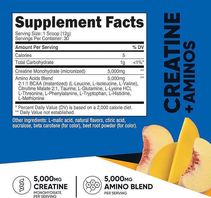 Nutricost Creatine + Aminos 30 Servings (Peach Mango Flavored) - 5,000mg Creatine Monohydrate + 5000mg Amino BCAA Blend Per Serving
