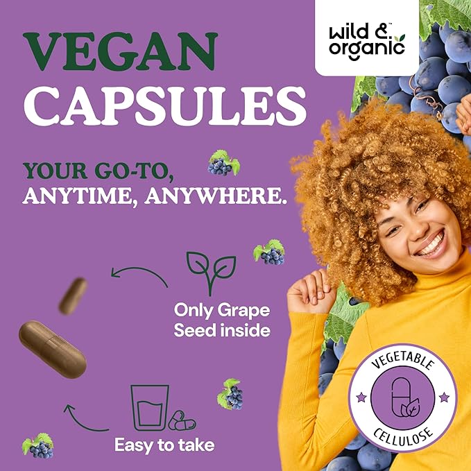 Wild & Organic Grape Seed Extract Capsules - 20,000 mg Strength Grapeseed Extract Equivalent - 95% Polyphenols - 400 mg per Serving - 2 Month Supply - 60 Vegan Capsules - Non-GMO