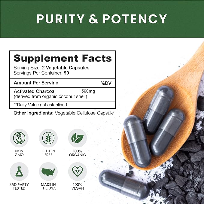 Coconut Activated Charcoal Capsules, 180 Charcoal Capsules, Teeth Whitening, Helps Constipation, Bloating, Stomach Gas, Heartburn, Pure Coconut Derived Supplement (2)