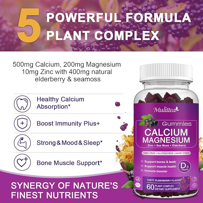 Calcium Magnesium Zinc Gummies with High Absorption Magnesium Glycinate 200mg, Potassium -Plant Calcium Supplement w/ D3 & Sea Moss for Bone, Muscles, Calm Mood & Sleep Support- Kids & adults (1 Pack)