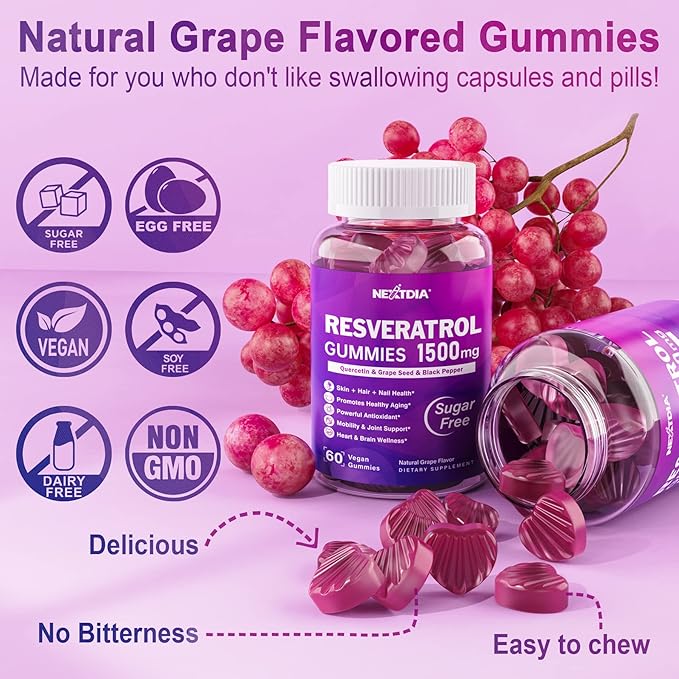 Resveratrol Gummies 1500mg - Sugar Free Resveratrol Supplement with Quercetin, Grape Seed, Acai Berries Extracts Support Antioxidant, Healthy Aging & Longevity, Skin, Brain Wellness - 1Pack