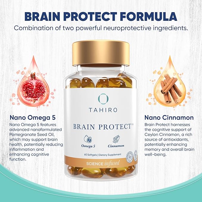 3 MONTH SUPPLY Brain Protect™ Nano Omega 5 Cinnamon Brain Supplement for Memory Focus Patent-Pending Nano-Formulation Antioxidant 180 Softgels Pomegranate Seed Punicic Acid