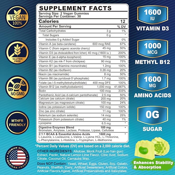 2 Pack Methylated Multivitamin for Men Gummies, BCAA Amino Acids, Zinc, Biotin, Vitamin A C E D3 K2 B Complex Calcium, Magnesium, Lycopene, Digestive Enzymes - Energy Muscle Immune - Sugar Free, Vegan