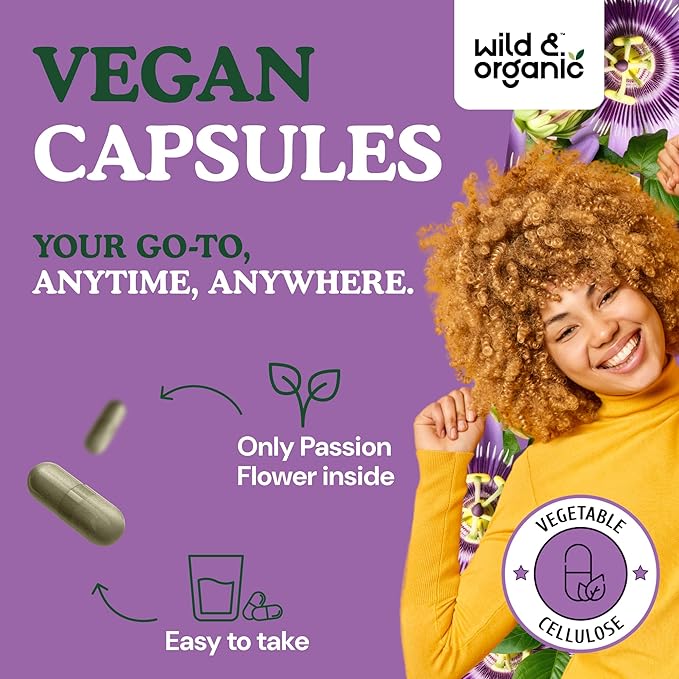 Wild & Organic Passion Flower Capsules 600 mg - Relaxation & Mood Support - Passionflower Extract Supplement - Passiflora Incarnata Herb - Vegan, No Fillers, Non-GMO - 60 Count