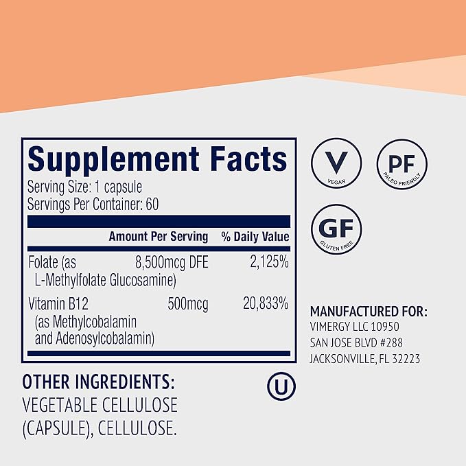 Vimergy 5-MTHF Capsules – 60 Servings (1 Capsule/Serving) 8500mcg L-Methylfolate Glucosamine and 500 mcg Vitamin B12 Supplement –Bioavailable Folate Supplement for Women and Men Vegan 5 mthf (60 ct)