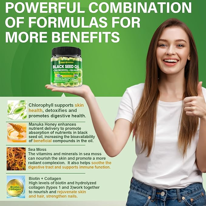 NEVISS Black Seed Oil Gummies, Chlorophyll & Sea Moss Supplement + Prebiotics Fiber Gummies for Adults Sugar Free