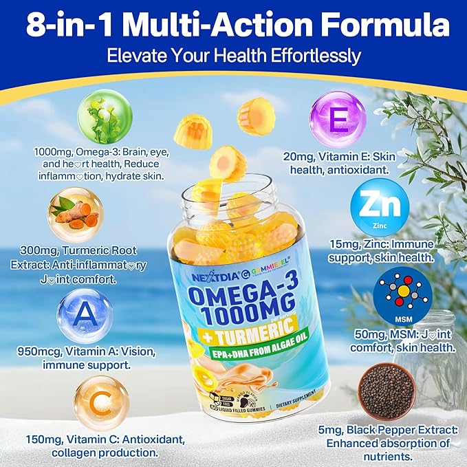 Vegan Omega-3 Gummies 1000mg + Turmeric - Omega 3 Fish Oil Alternative for Adults - Algae DHA 600mg & EPA 300mg, Vitamins A, C, E, Zinc & MSM, Sugar Free, 60 Cts