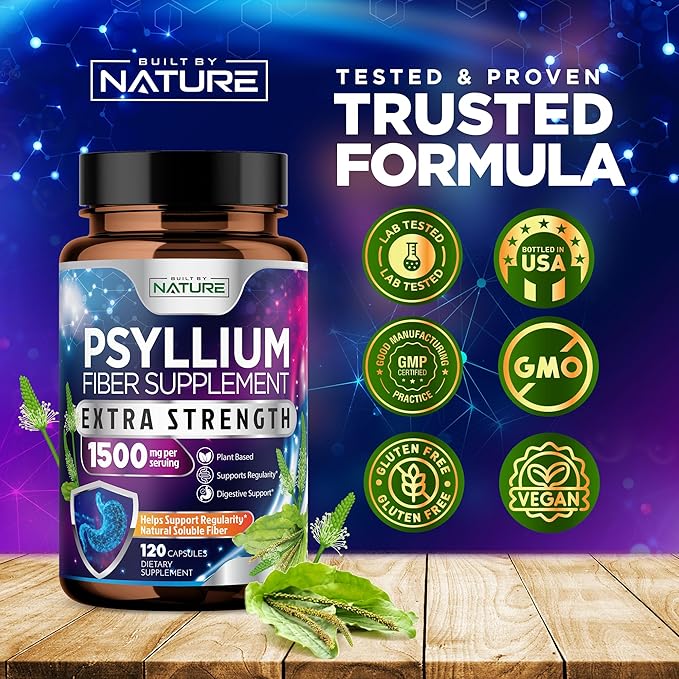 Psyllium Husk Capsules 1500mg - Fiber Supplement - Natural Soluble Fiber Pills with Psyllium Husk Powder - Supports Digestive Gut and Colon Health - Non-GMO, Gluten-Free, Vegan - 120 Capsules