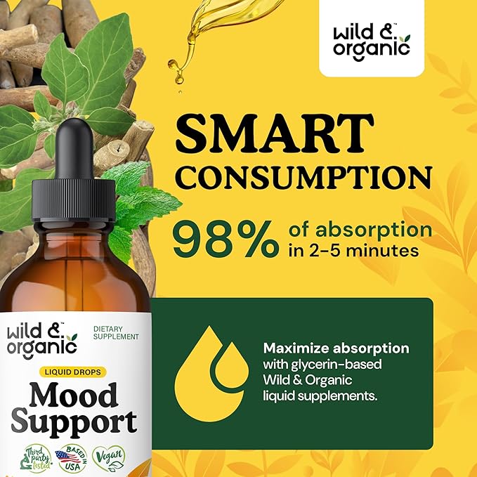 Wild & Organic Mood Support Supplement - Natural Liquid Drops for Positive Energy - Calm Mind Supplement for Women and Men - Non-Alcohol Ashwagandha & Rhodiola Rosea Root Tincture for Good Mood - 4 oz