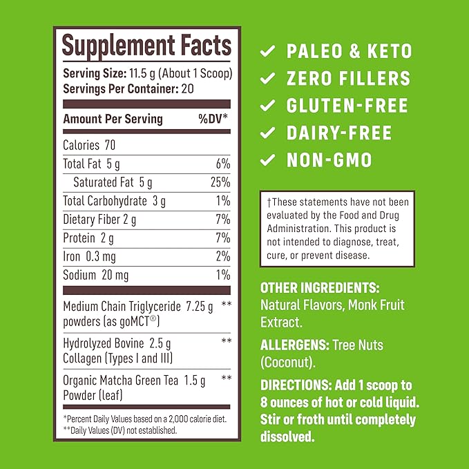 NativePath Collagen Peptides - Hydrolyzed Type 1 & 3 Collagen. Keto & Paleo Grass-Fed Protein Powder for Hair, Skin, Nails, Bones, Joints, Digestion and More - No Gluten or Dairy (Matcha Latte, 230g)