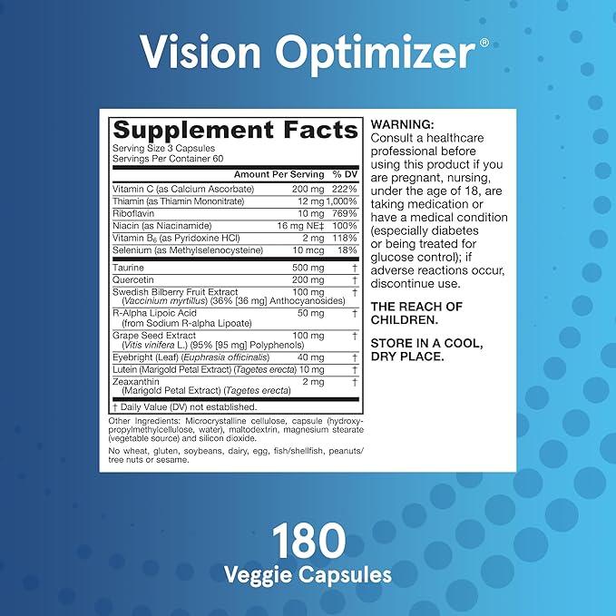 Jarrow Formulas Vision Optimizer Veggie Capsules - 180 Count - Eye Supplement - Dietary Supplement - with Grape Seed Extract, Lutein & Zeaxanthin, Quercetin & More - Non-GMO - Gluten Free