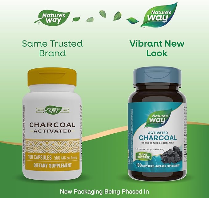 Nature's Way Activated Charcoal, Binds Unwanted Materials and Gas in the Digestive Tract*, 560 mg per 2-Capsule Serving, 100 Capsules (Packaging May Vary) - 2 Pack