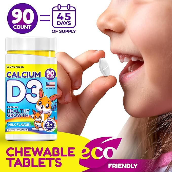 Calcium D3 Chewable Tablets for Kids โ 640 mg Calcium & 320 IU Vitamin D3 โ Non-GMO, Milk Flavor โ Bone & Teeth Support Supplement โ 90 Tablets for Ages 2+